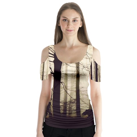 Forest Fog Hirsch Wild Boars Butterfly Sleeve Cutout Tee  by Simbadda