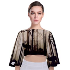 Forest Fog Hirsch Wild Boars Tie Back Butterfly Sleeve Chiffon Top by Simbadda