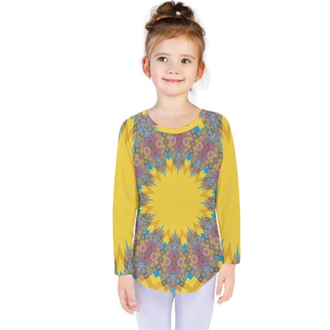 Star Quilt Pattern Squares Kids  Long Sleeve Tee by Simbadda