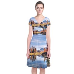 Dolomites Mountains Italy Alpine Short Sleeve Front Wrap Dress by Simbadda