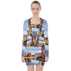 Dolomites Mountains Italy Alpine V-neck Bodycon Long Sleeve Dress by Simbadda