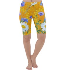 Flowers Daisy Floral Yellow Blue Cropped Leggings  by Simbadda