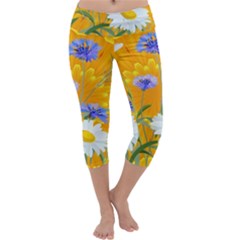 Flowers Daisy Floral Yellow Blue Capri Yoga Leggings by Simbadda