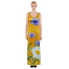 Flowers Daisy Floral Yellow Blue Maxi Thigh Split Dress by Simbadda