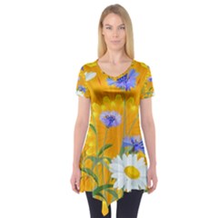 Flowers Daisy Floral Yellow Blue Short Sleeve Tunic  by Simbadda