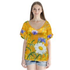 Flowers Daisy Floral Yellow Blue V-neck Flutter Sleeve Top by Simbadda