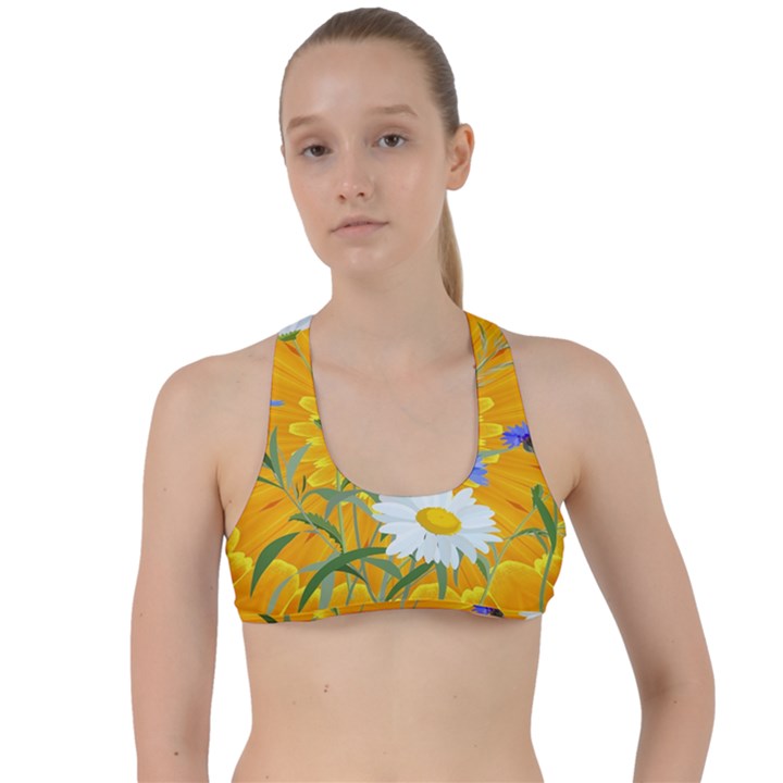 Flowers Daisy Floral Yellow Blue Criss Cross Racerback Sports Bra