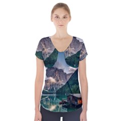 Italy Mountains Pragser Wildsee Short Sleeve Front Detail Top by Simbadda