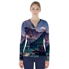 Italy Mountains Pragser Wildsee V-neck Long Sleeve Top by Simbadda