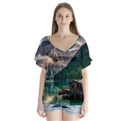 Italy Mountains Pragser Wildsee V-neck Flutter Sleeve Top by Simbadda