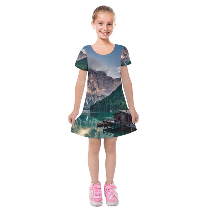 Italy Mountains Pragser Wildsee Kids  Short Sleeve Velvet Dress