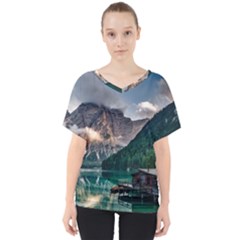 Italy Mountains Pragser Wildsee V-neck Dolman Drape Top by Simbadda