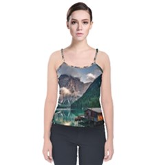 Italy Mountains Pragser Wildsee Velvet Spaghetti Strap Top by Simbadda