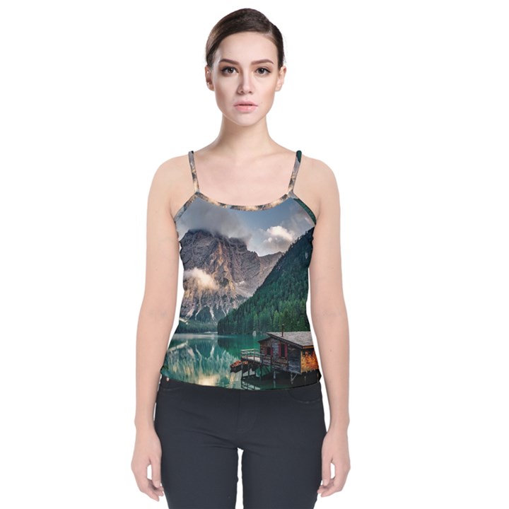 Italy Mountains Pragser Wildsee Velvet Spaghetti Strap Top