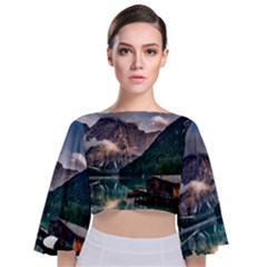 Italy Mountains Pragser Wildsee Tie Back Butterfly Sleeve Chiffon Top by Simbadda