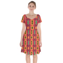 Tribal Shapes In Retro Colors                                   Short Sleeve Bardot Dress by LalyLauraFLM