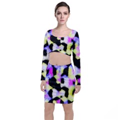 Watercolors Shapes On A Black Background                                     Long Sleeve Crop Top & Bodycon Skirt Set