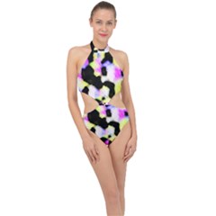 Watercolors Shapes On A Black Background                                 Halter Side Cut Swimsuit by LalyLauraFLM