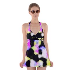 Watercolors Shapes On A Black Background                                     Halter Swimsuit Dress by LalyLauraFLM