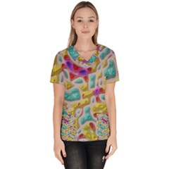 3d Shapes On A Grey Background                                    Women s V-neck Scrub Top by LalyLauraFLM