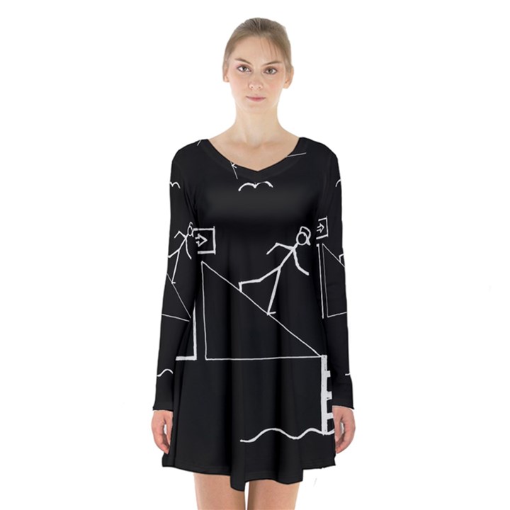 Drawing Long Sleeve Velvet V-neck Dress