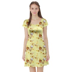 Funny Sunny Ice Cream Cone Cornet Yellow Pattern  Short Sleeve Skater Dress by yoursparklingshop