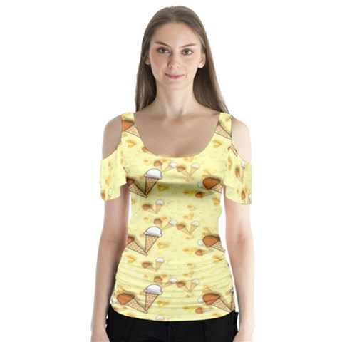 Funny Sunny Ice Cream Cone Cornet Yellow Pattern  Butterfly Sleeve Cutout Tee  by yoursparklingshop