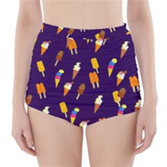 Ice Cream Cone Cornet Blue Summer Season Food Funny Pattern High-waisted Bikini Bottoms by yoursparklingshop