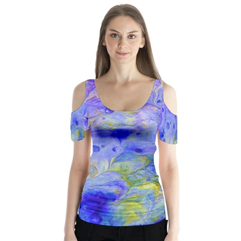 Abstract Blue Texture Pattern Butterfly Sleeve Cutout Tee  by Simbadda