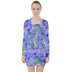 Abstract Blue Texture Pattern V-neck Bodycon Long Sleeve Dress by Simbadda