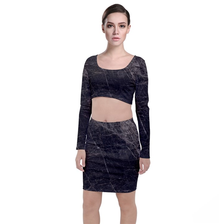 Marble Tiles Rock Stone Statues Long Sleeve Crop Top & Bodycon Skirt Set