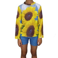 Sunflower Floral Yellow Blue Sky Flowers Photography Kids  Long Sleeve Swimwear by yoursparklingshop