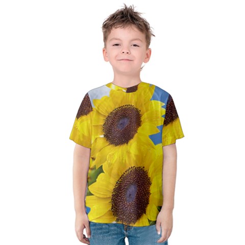 Sunflower Floral Yellow Blue Sky Flowers Photography Kids  Cotton Tee by yoursparklingshop