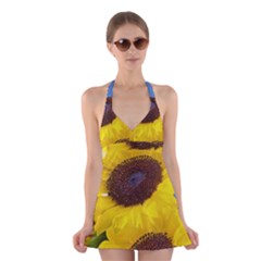 Sunflower Floral Yellow Blue Sky Flowers Photography Halter Dress Swimsuit  by yoursparklingshop