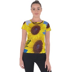 Sunflower Floral Yellow Blue Sky Flowers Photography Short Sleeve Sports Top  by yoursparklingshop