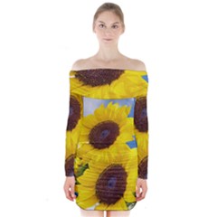 Sunflower Floral Yellow Blue Sky Flowers Photography Long Sleeve Off Shoulder Dress by yoursparklingshop