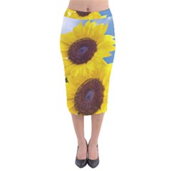 Sunflower Floral Yellow Blue Sky Flowers Photography Velvet Midi Pencil Skirt by yoursparklingshop