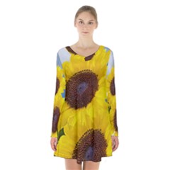 Sunflower Floral Yellow Blue Sky Flowers Photography Long Sleeve Velvet V-neck Dress by yoursparklingshop