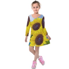 Sunflower Floral Yellow Blue Sky Flowers Photography Kids  Long Sleeve Velvet Dress by yoursparklingshop