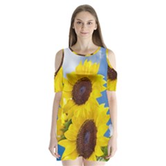 Sunflower Floral Yellow Blue Sky Flowers Photography Shoulder Cutout Velvet One Piece by yoursparklingshop