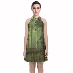 Forest Tree Landscape Velvet Halter Neckline Dress 