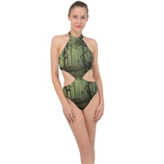 Forest Tree Landscape Halter Side Cut Swimsuit