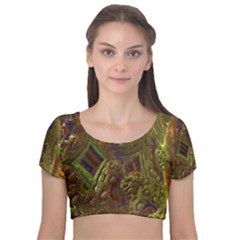 Fractal Virtual Abstract Velvet Short Sleeve Crop Top 