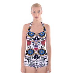 Cranium Sugar Skull Boyleg Halter Swimsuit  by StarvingArtisan