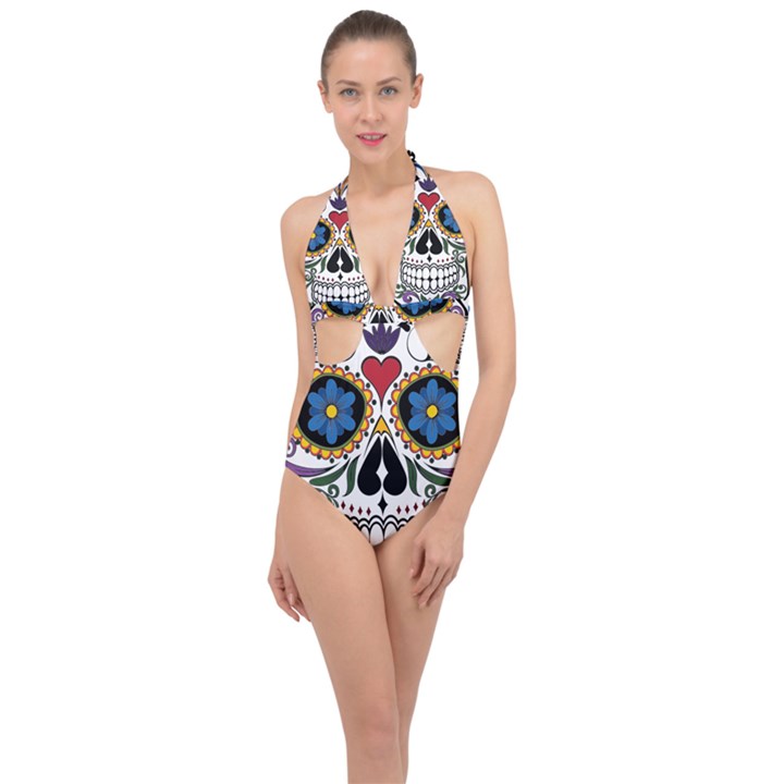 Cranium Sugar Skull Halter Front Plunge Swimsuit