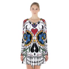 Cranium Sugar Skull Long Sleeve Velvet V-neck Dress by StarvingArtisan