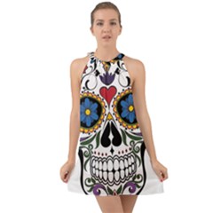 Cranium Sugar Skull Halter Tie Back Chiffon Dress