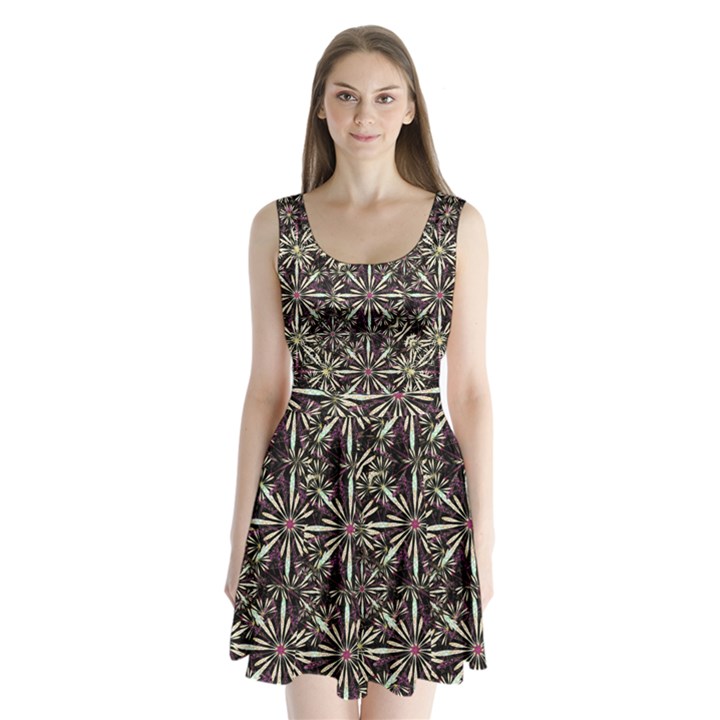 Dark Tropical Pattern Split Back Mini Dress 