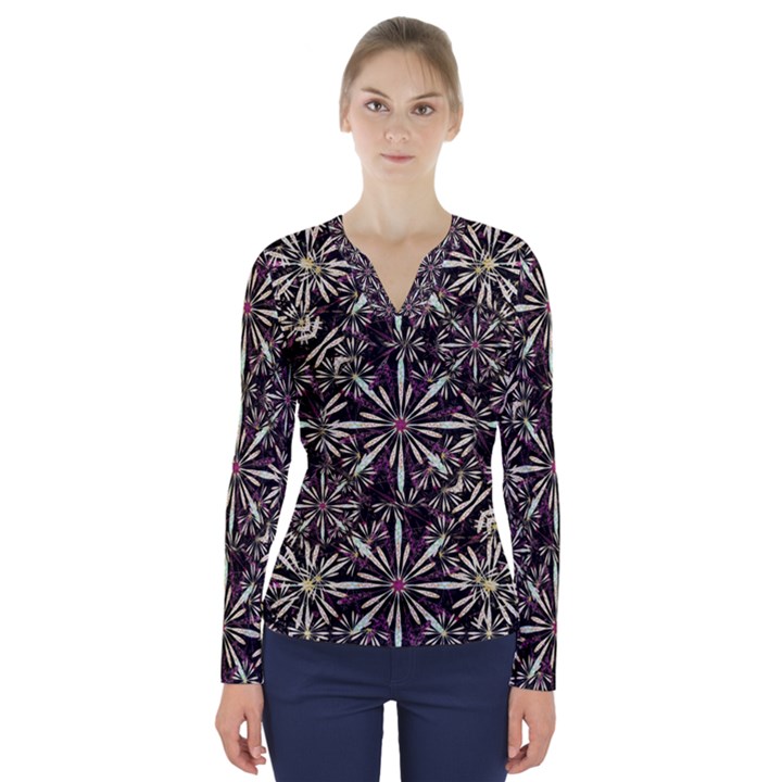 Dark Tropical Pattern V-Neck Long Sleeve Top