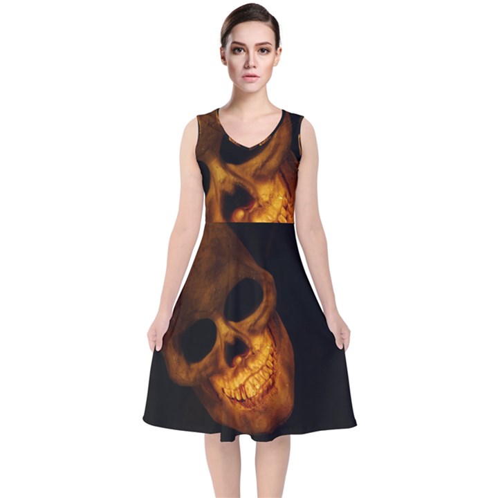 Laughing Skull V-Neck Midi Sleeveless Dress 